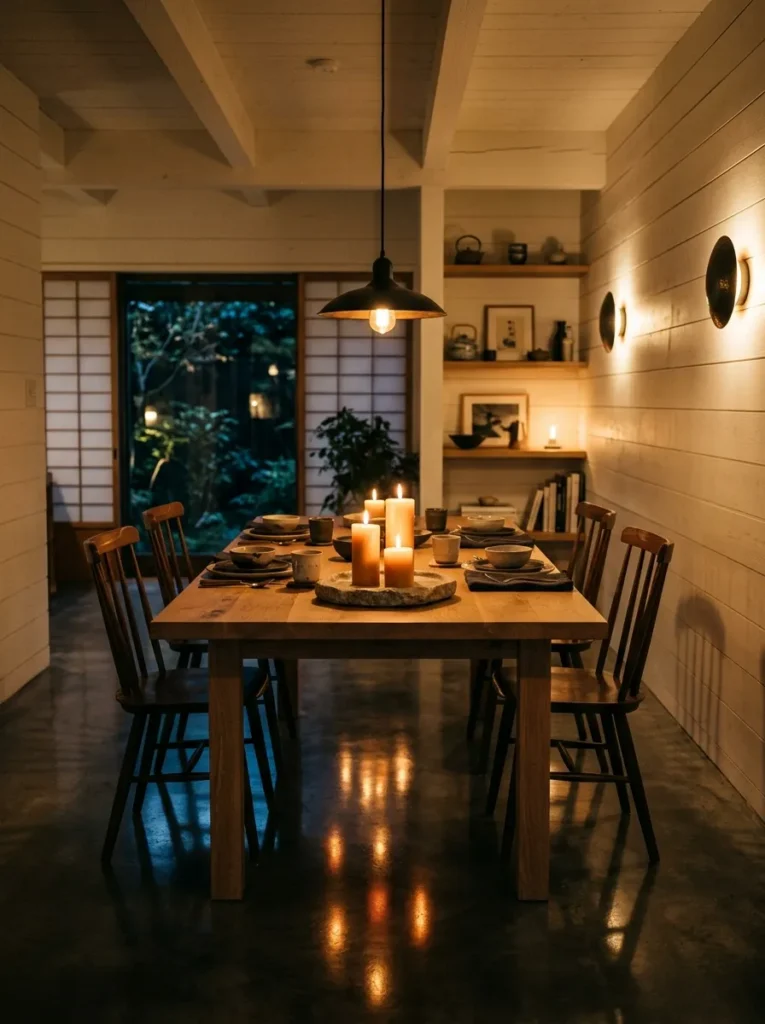 Three-source dining room lighting with blackened steel pendant, wall sconces, and beeswax candles in a Japandi Kyoto interior.