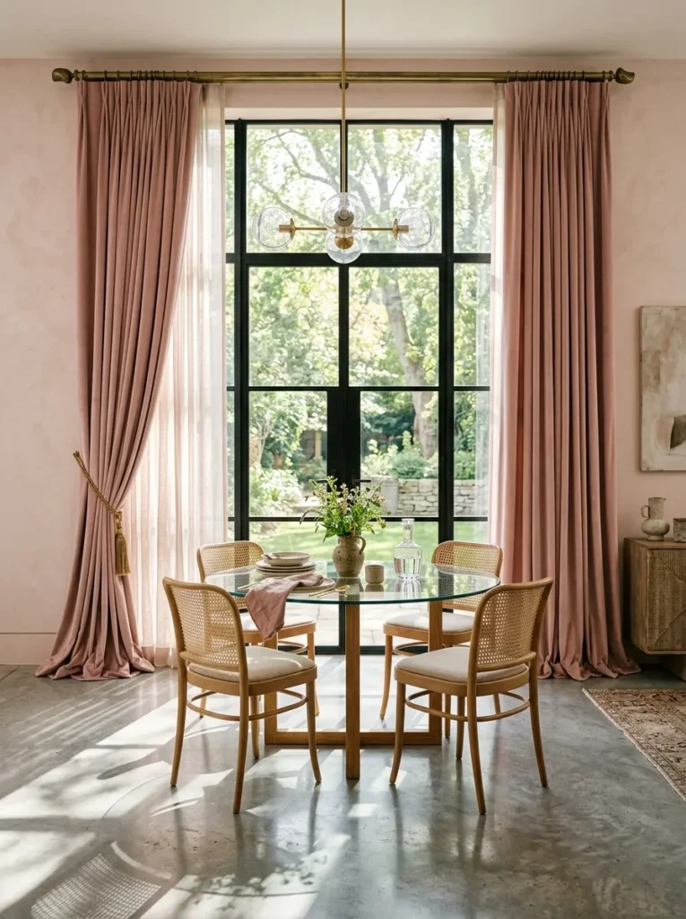 Floor-length silk drapery with brass rod and finials framing a luxury dining room window
