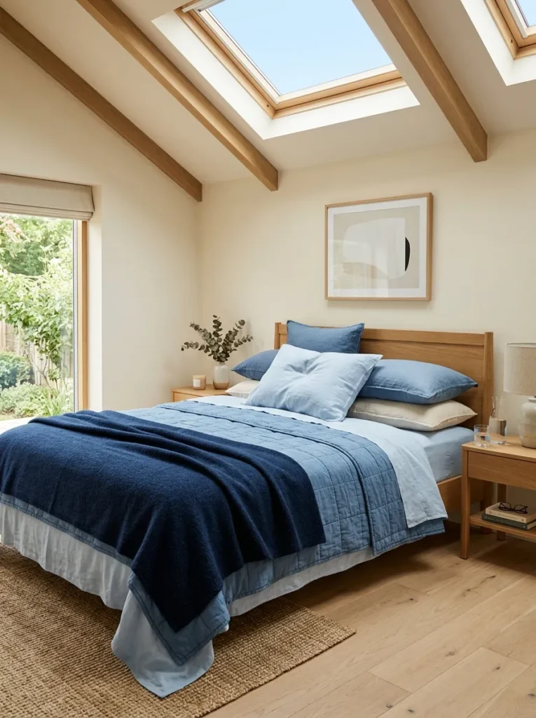 Bed layered with bedding in varying shades of blue from pale to deep navy