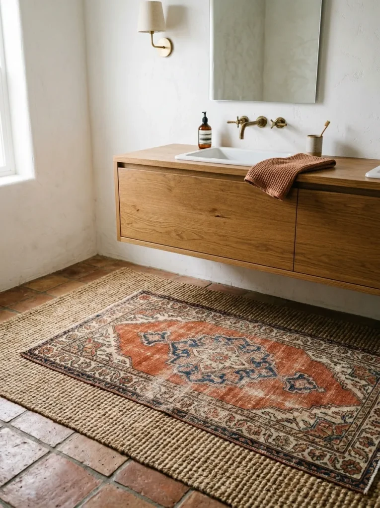 Bathroom floor with a small vintage Persian rug layered over a large natural jute rug beside a wooden vanity with warm brass fixtures
