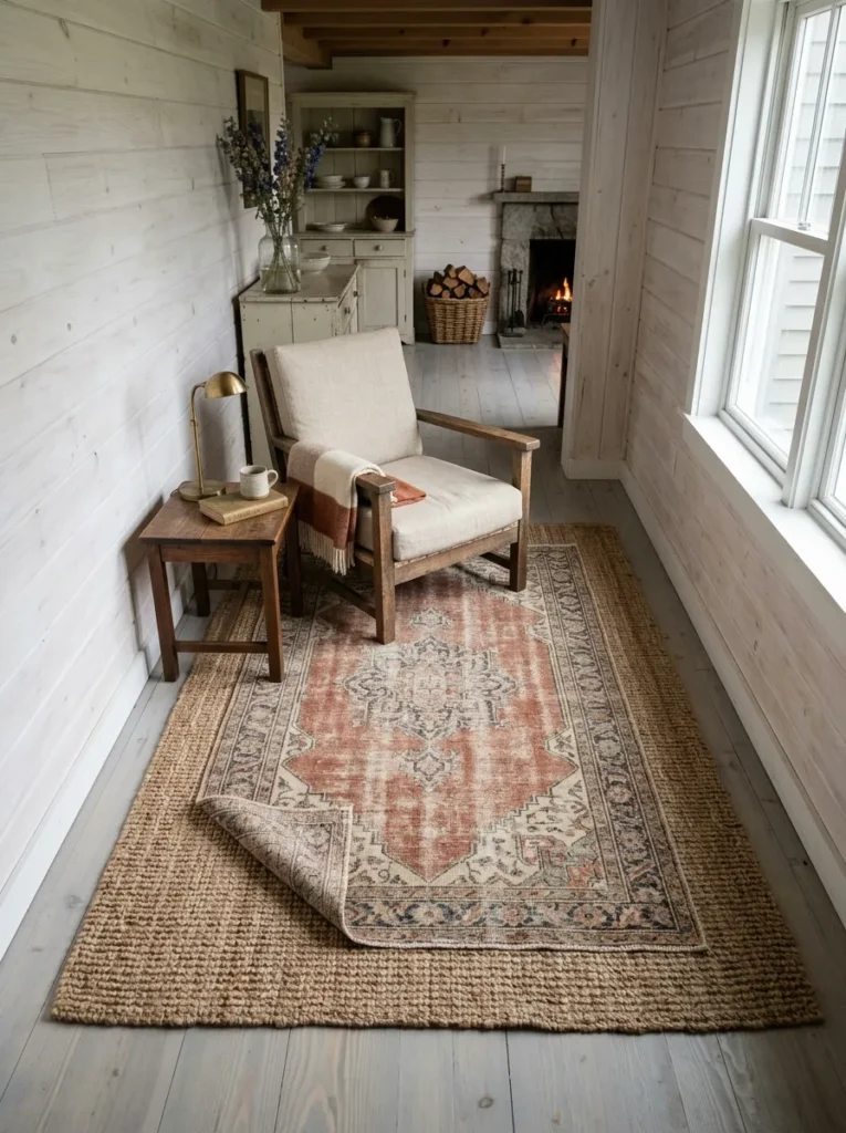 Jute rug layered with a smaller vintage-pattern rug beneath a farmhouse living room sofa
