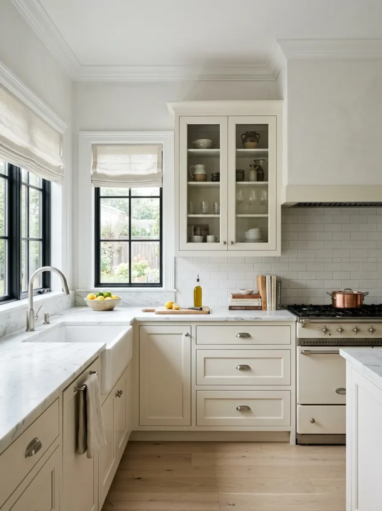 Layered shades of white across cabinets, walls, and trim creating tonal depth 