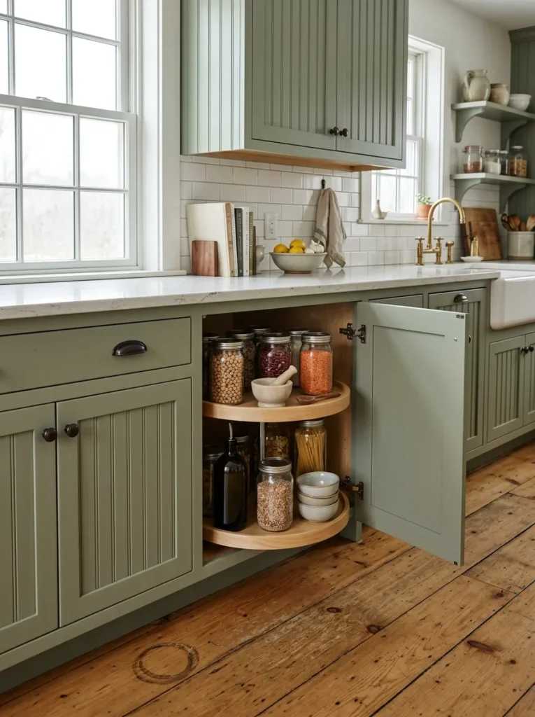 Rotating lazy Susan carousel inside corner kitchen cabinet holding jars and containers