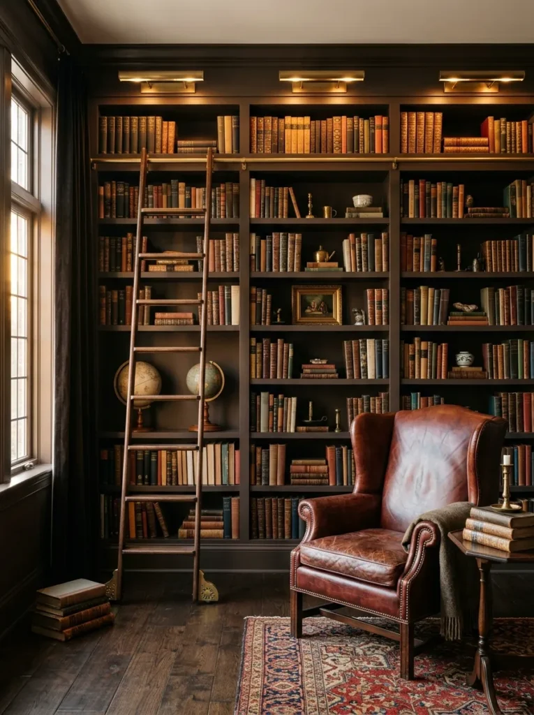 Moody library-style living room with floor-to-ceiling dark bookshelves and built-in reading light