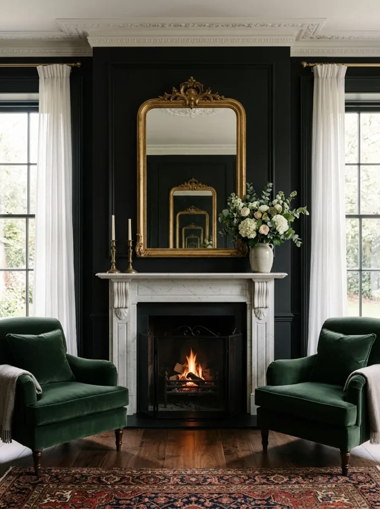 Dark charcoal living room with a contrasting light marble fireplace surround as the focal point
