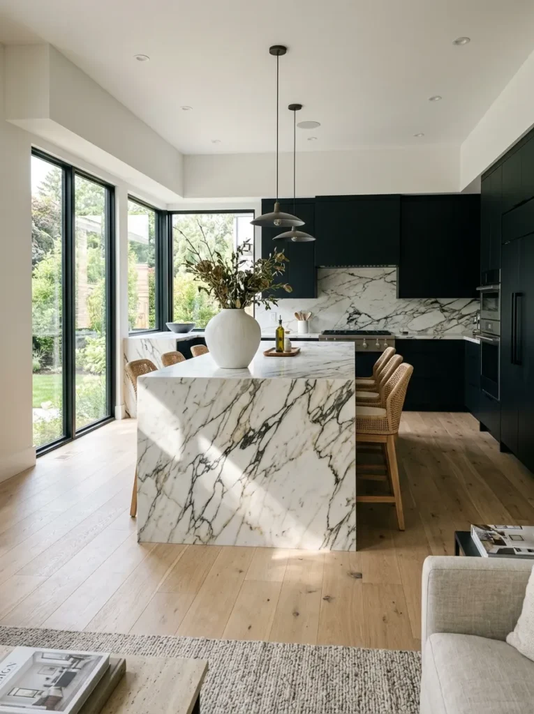 Dark cabinet kitchen with a dramatic light marble waterfall island visible from the living area