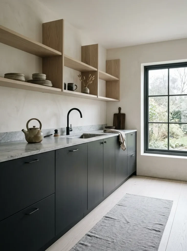 Japandi-style dark kitchen with light ash open shelving for material contrast
