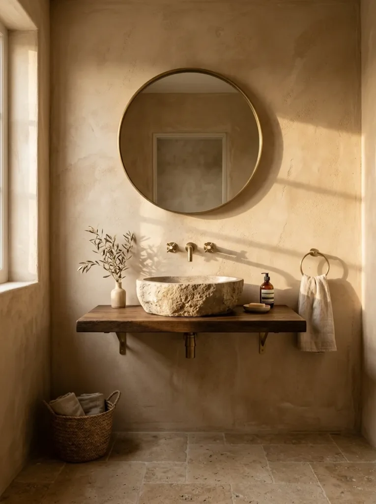 Limewashed plaster walls with visible texture in a warm, organic bathroom