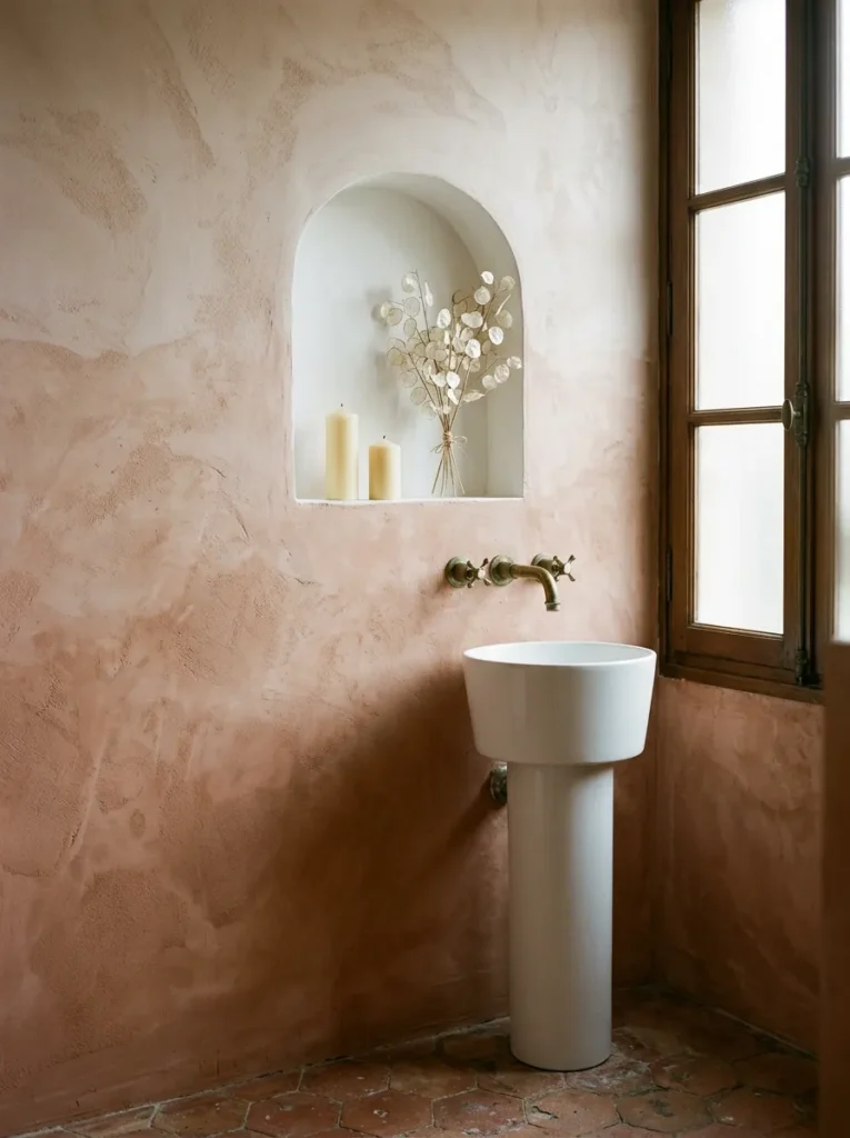 Spa bathroom wall in warm terracotta limewash finish with small built-in arched niche holding candles and dried botanicals above a pedestal sink