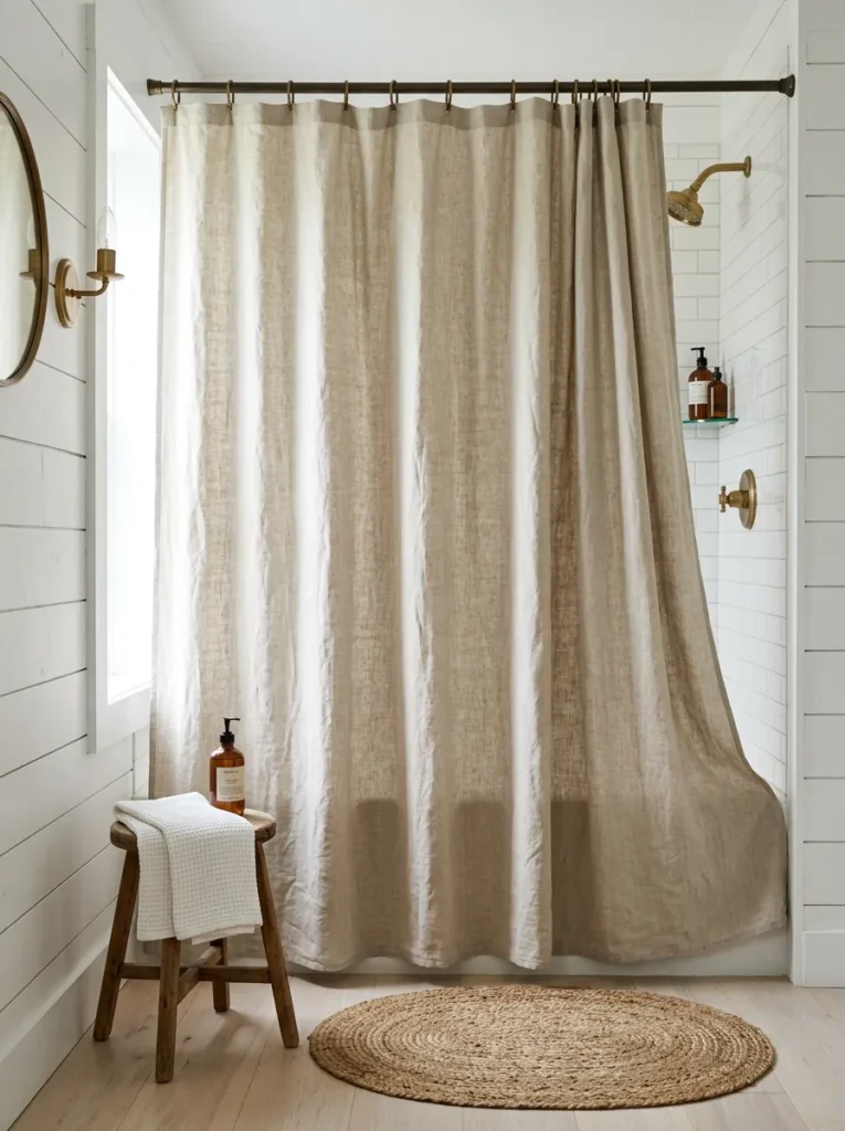 Natural linen shower curtain hanging in a warm, earthy-toned bathroom