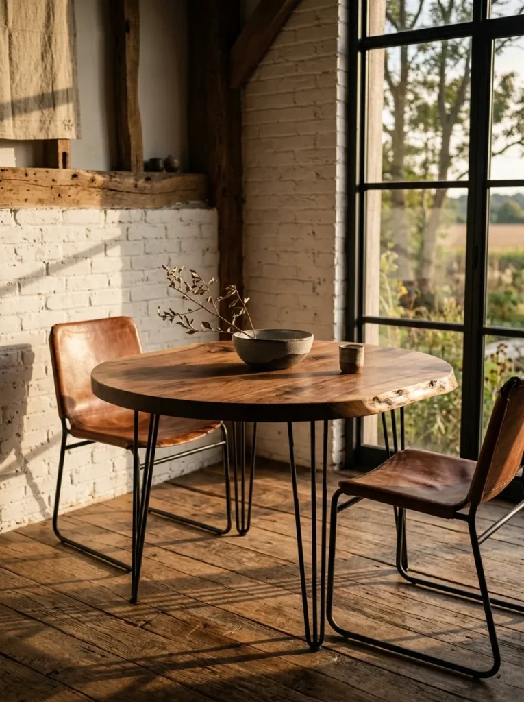 Round live-edge wood dining table with black hairpin legs in a rustic-modern dining nook