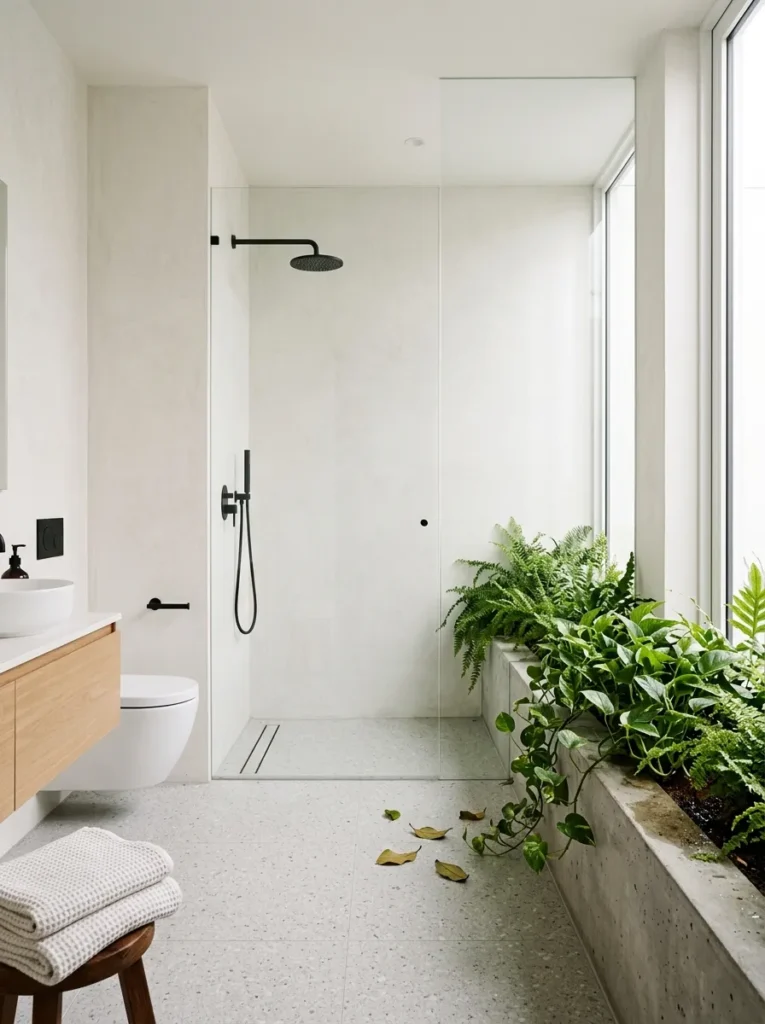  Built-in planter ledge with live trailing plants along a bathroom shower wall