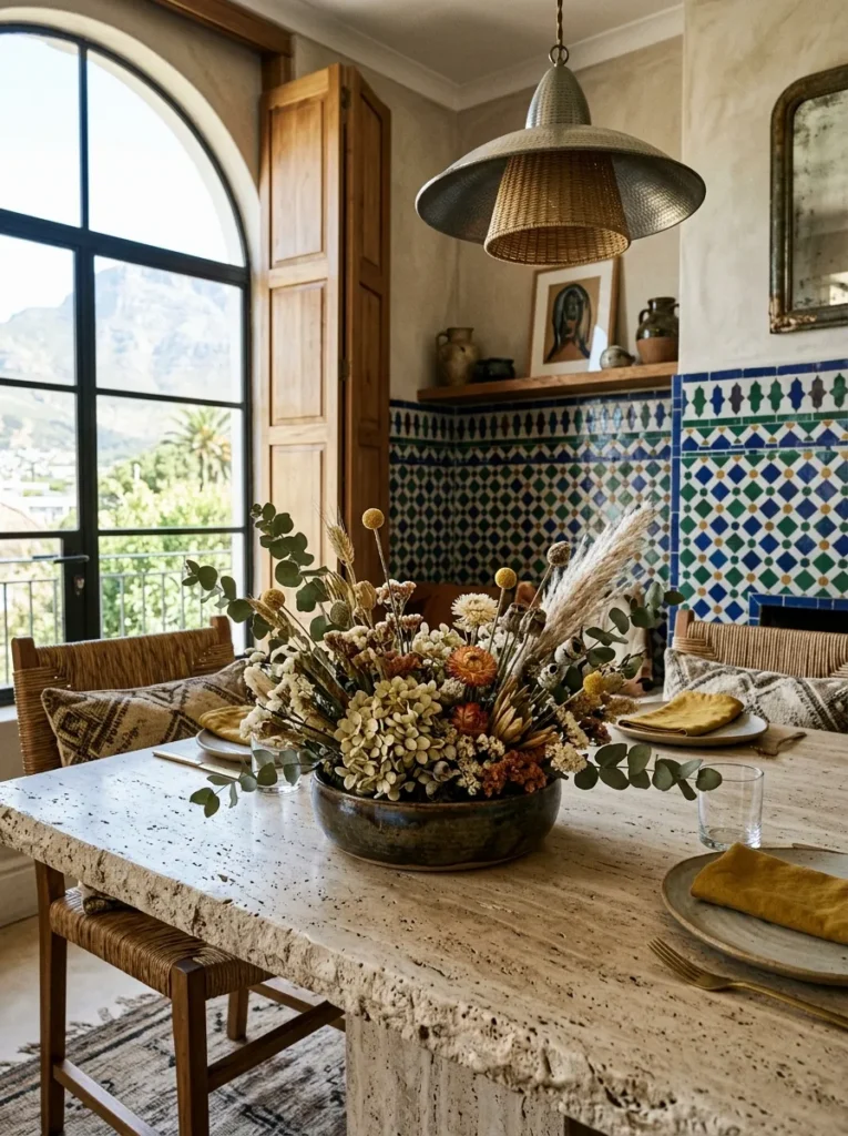 Low dried botanical arrangement in a shallow ceramic vessel on a travertine dining table in a Moroccan-influenced Cape Town dining room.