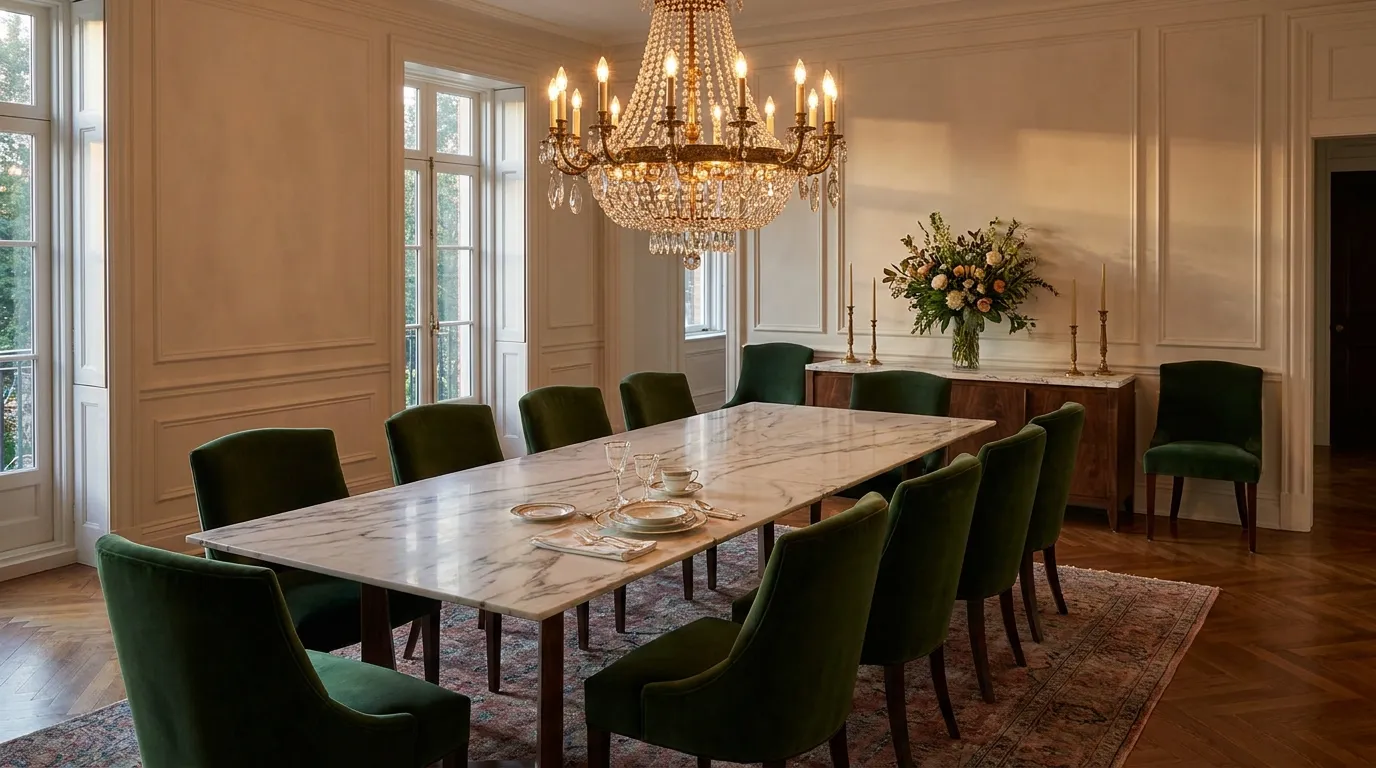 Grand formal dining room with crystal chandelier, marble table, and velvet chairs showing sophisticated luxury dining room design
