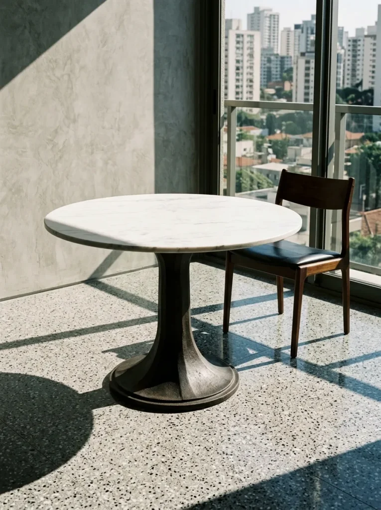 Cast iron pedestal base supporting a Calacatta marble dining table top in a minimalist São Paulo apartment with terrazzo floors.