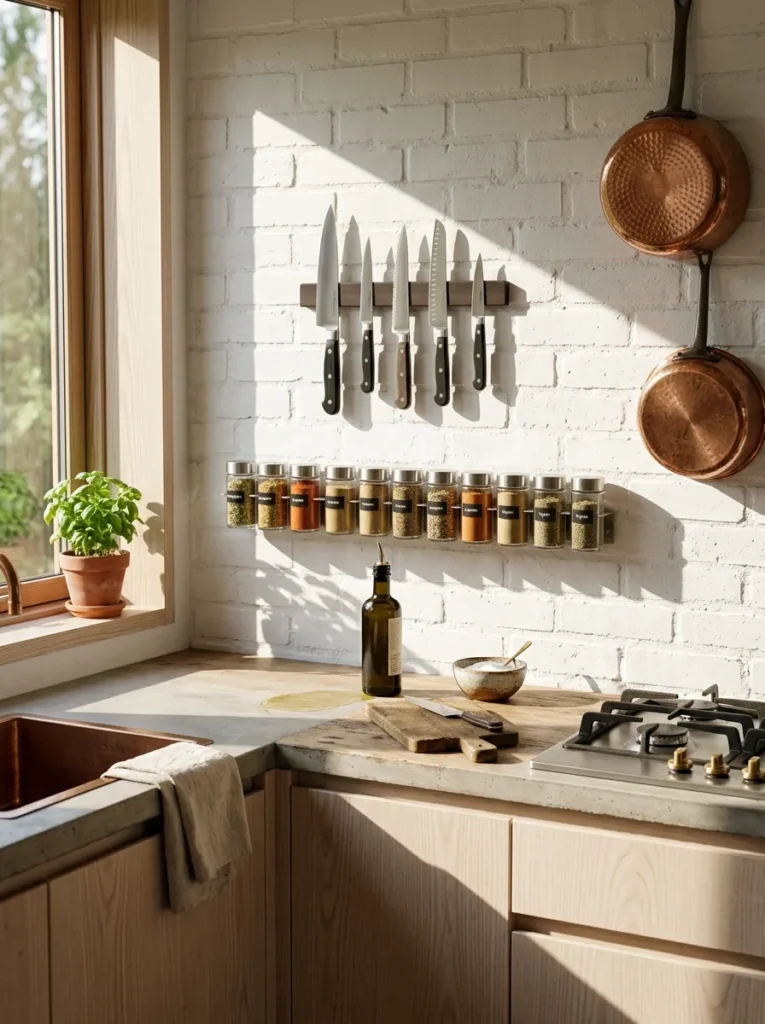 Magnetic wall strip holding kitchen knives above a row of mounted glass spice jars