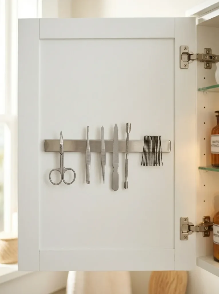 Inside view of an open bathroom cabinet door with a stainless steel magnetic strip holding nail scissors, tweezers, bobby pins, and a nail file