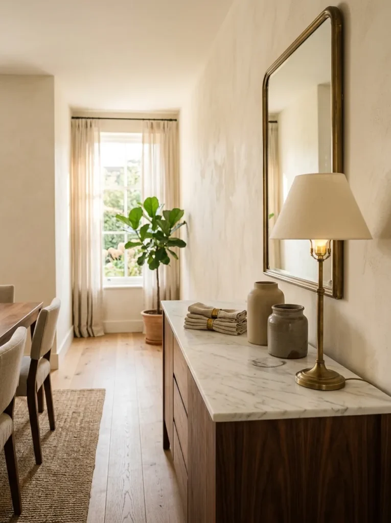  Marble-top wood sideboard styled with a lamp and ceramic vessels in a luxury dining room
