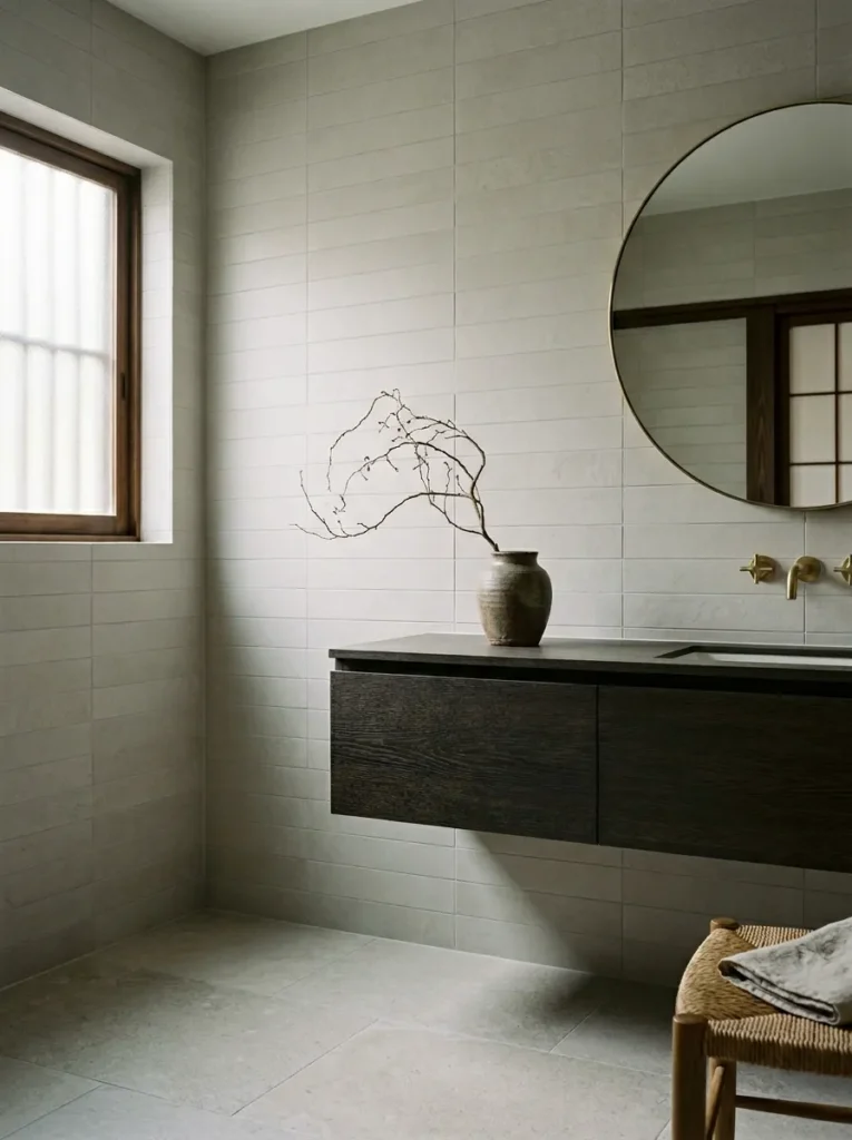 Pale ash rectified porcelain wall tiles with tone-matched grout in a serene Japandi-style minimal bathroom.