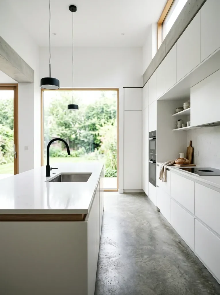 Matte black faucet and pendant lights contrasting against an all-white kitchen 