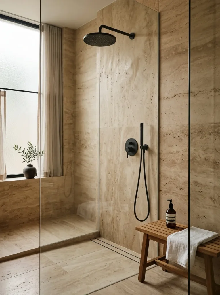 Matte black faucet and shower fixtures against warm travertine in a bathroom