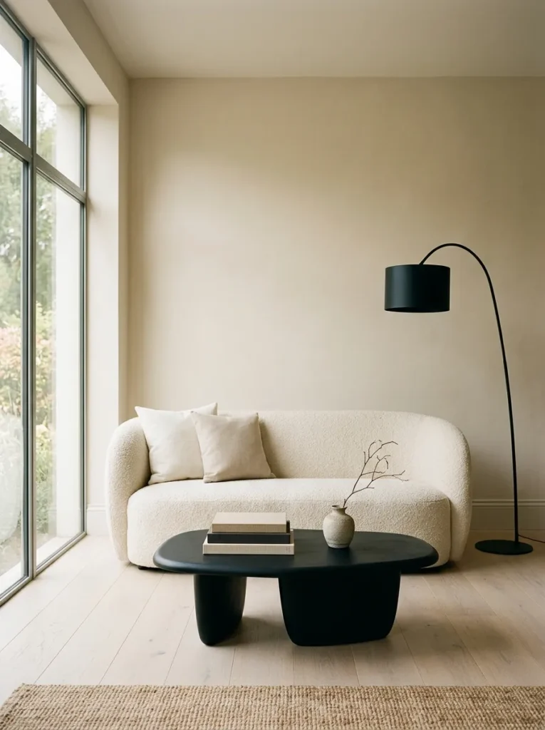 Living room with matte black coffee table and floor lamp against warm oatmeal walls