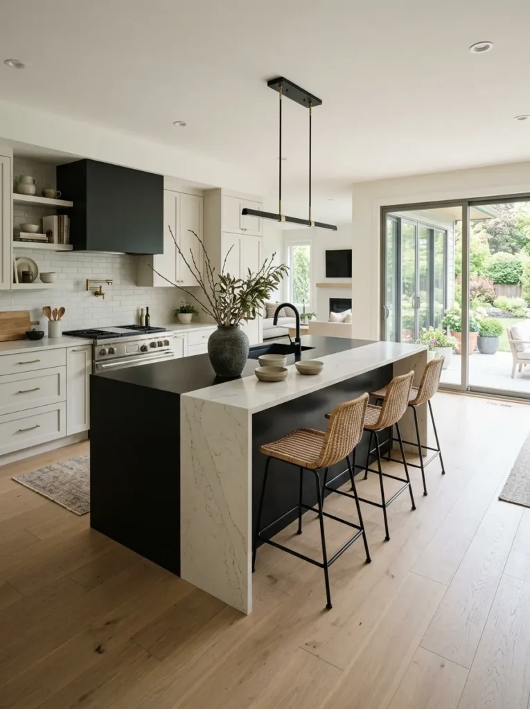 Kitchen with light wood perimeter cabinets and a standalone matte black island
