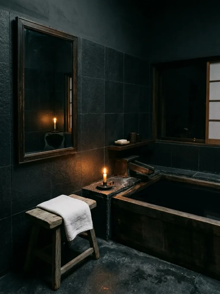 Matte honed black basalt tiles and poured concrete floor in a candlelit wabi-sabi Japanese soaking bathroom.