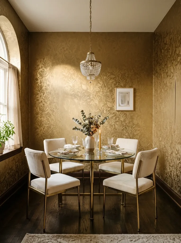 Dining room with metallic botanical print wallpaper behind a glass table and brass chairs

