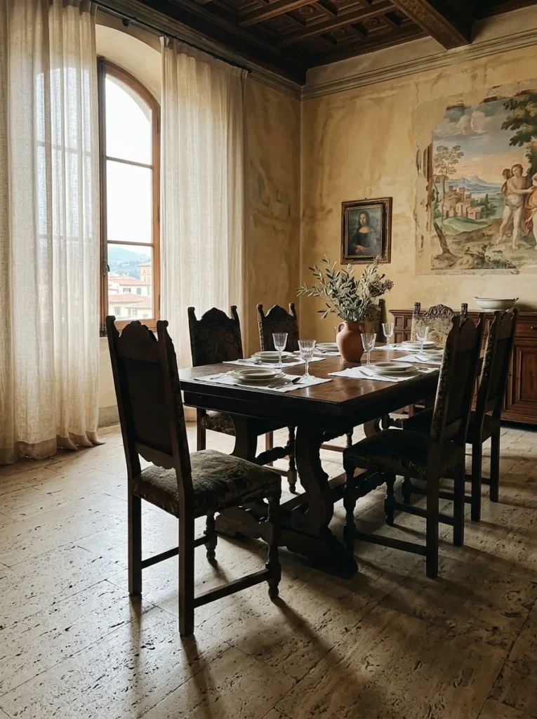 An exposed travertine floor sits bare beneath the dining table in a composed Florentine dining room.