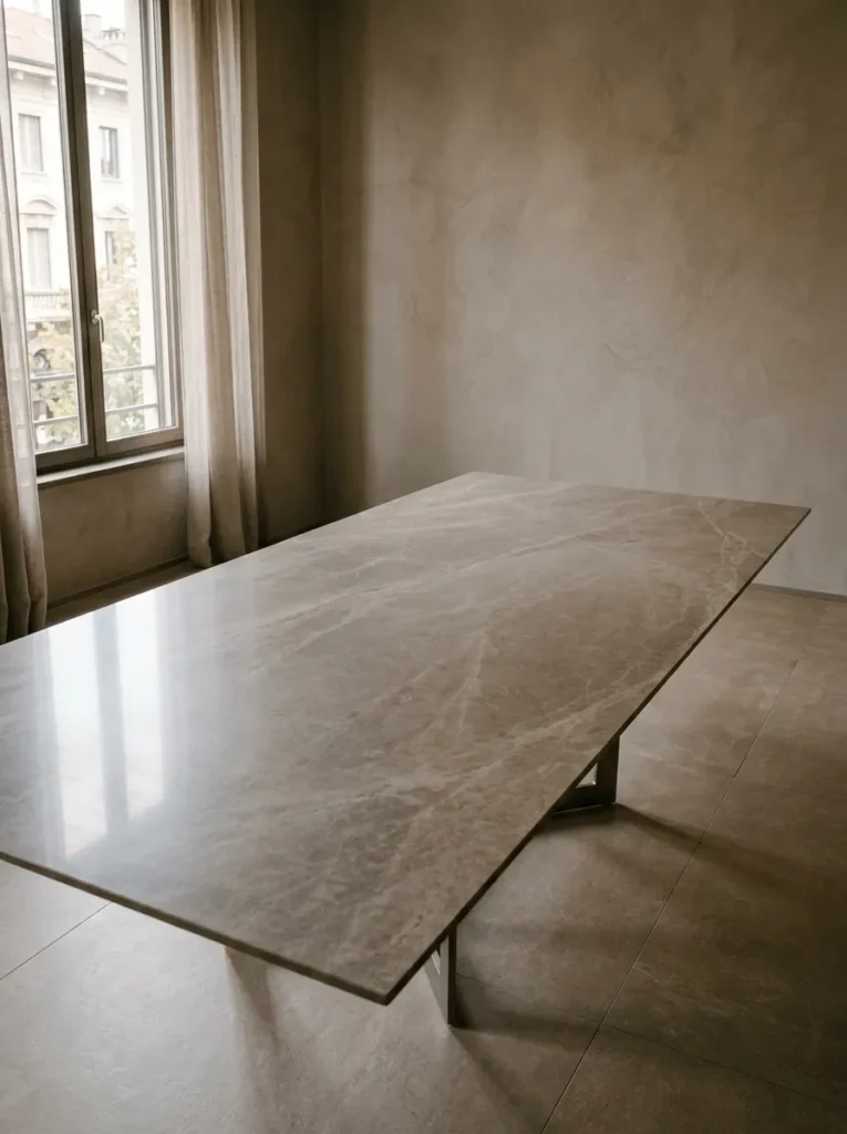 A completely bare porcelain-topped table sits under soft light in a calm Milan dining room.