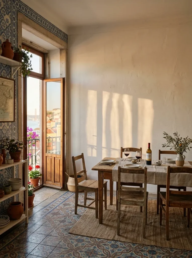 A completely bare wall sits behind the table in a sun-warmed, relaxed Lisbon dining room.