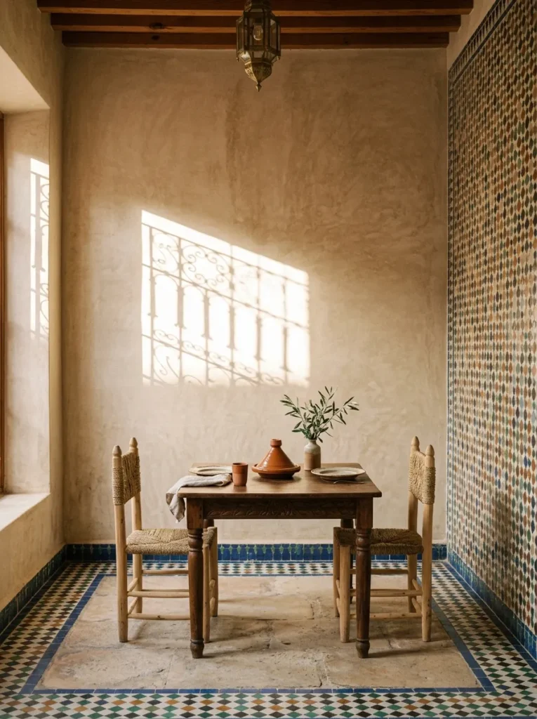 One wall sits deliberately bare beside zellige tile in a warm, tactile Marrakech dining room.