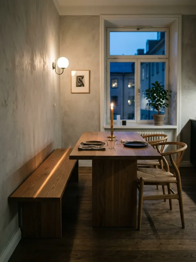 A slim oak bench lines one side of the table beside matching chairs in a minimalist Stockholm dining room.