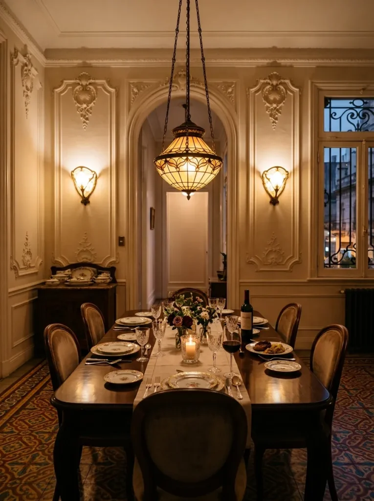 A dimmed pendant and matching sconces glow warmly in an intimate Art Nouveau Buenos Aires dining room.