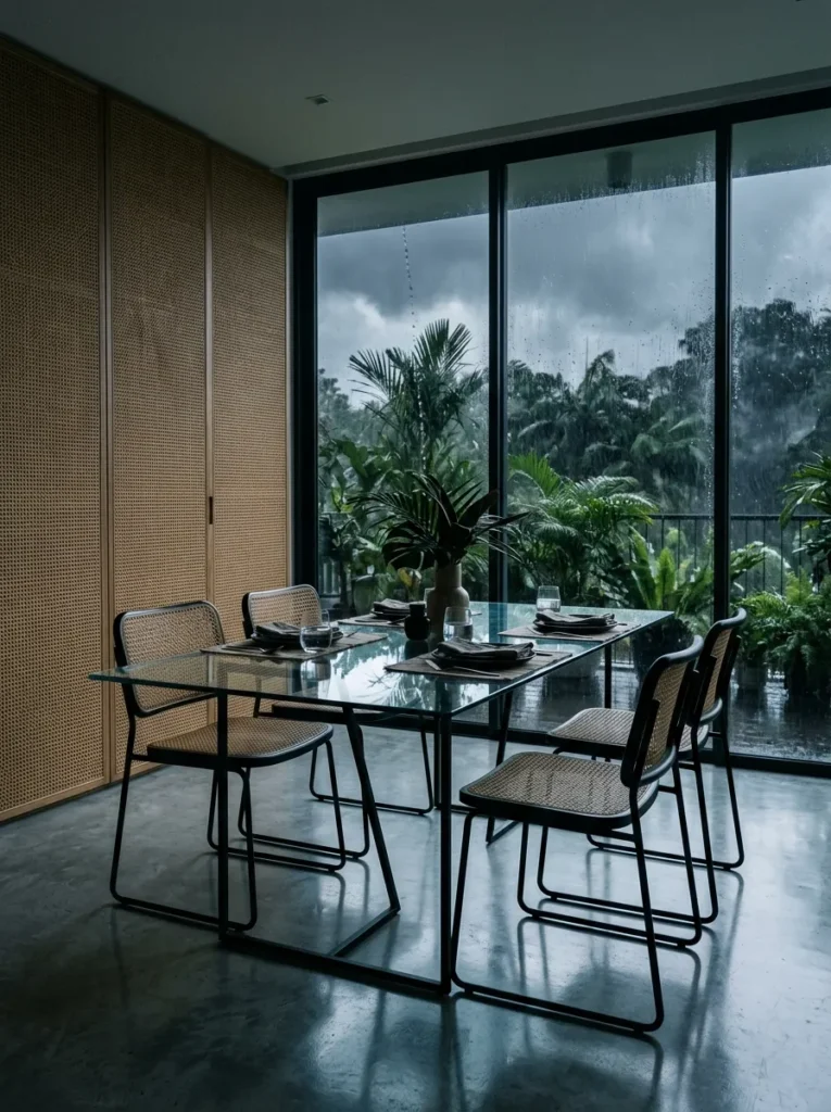 A glass-topped table on a slim metal base reflects storm light in a humid Singapore dining room.
