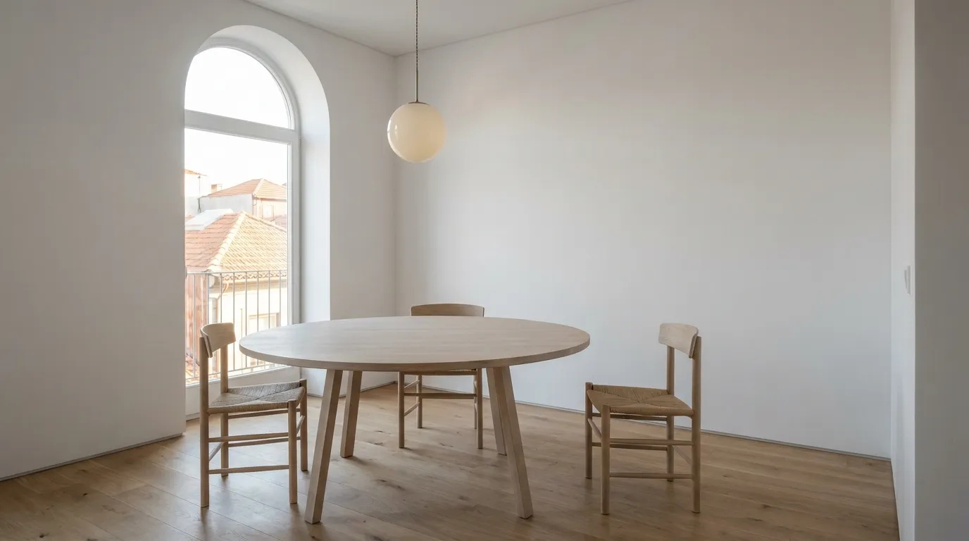 A bare round table beneath a single pendant captures the calm of a minimal dining room in soft morning light.