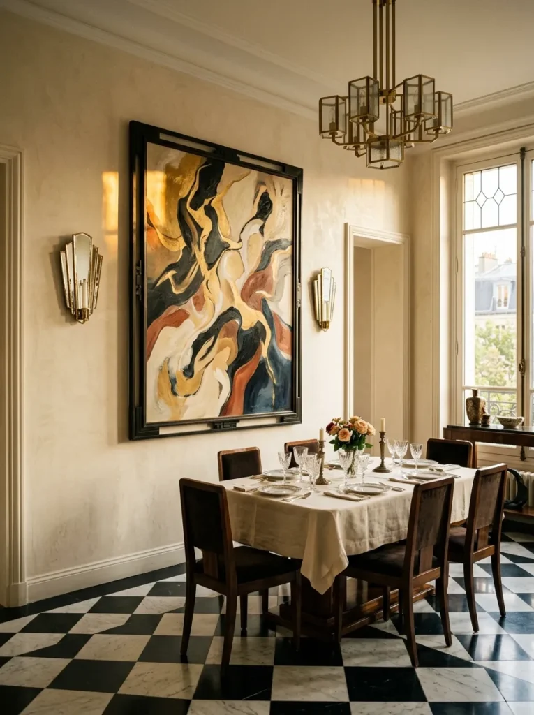A single oversized canvas hangs above the table in a golden-lit Parisian Art Deco dining room.