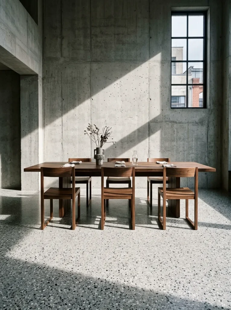 Six identical unornamented walnut chairs line a long table in a cold, architectural Berlin dining room.