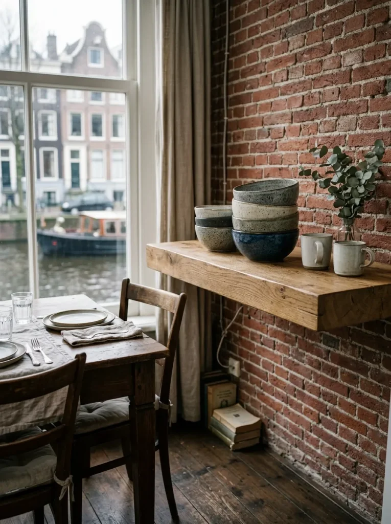 A floating oak shelf holds stacked stoneware against brick in an unfussy Amsterdam dining room.
