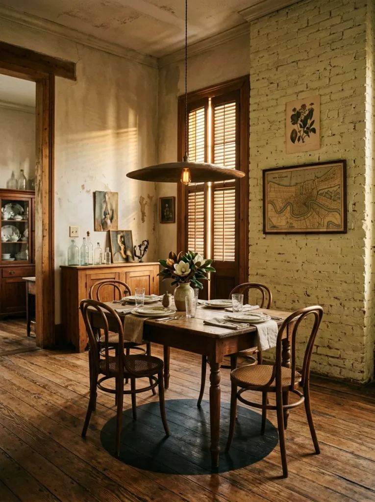 A single wide disc pendant hangs low and unadorned above the table in a warm Creole dining room.