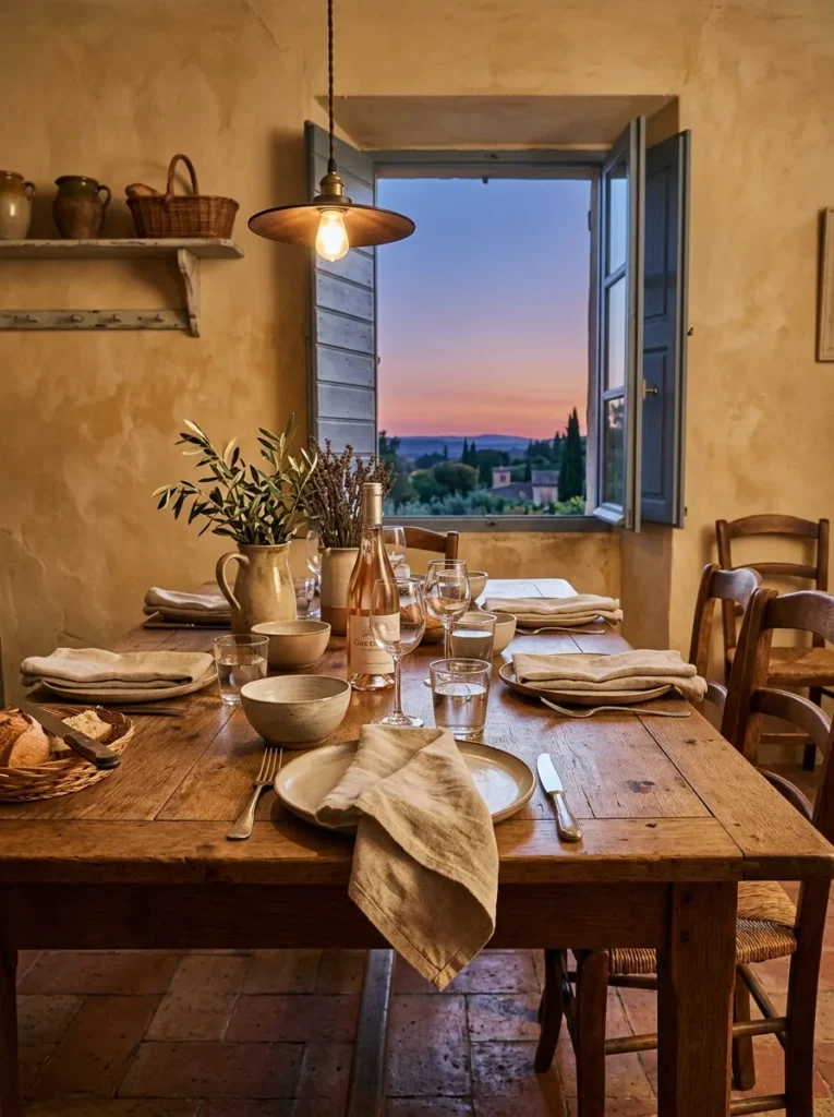 Plain undyed linen napkins rest at each place setting in a warm, dusk-lit Provençal dining room.