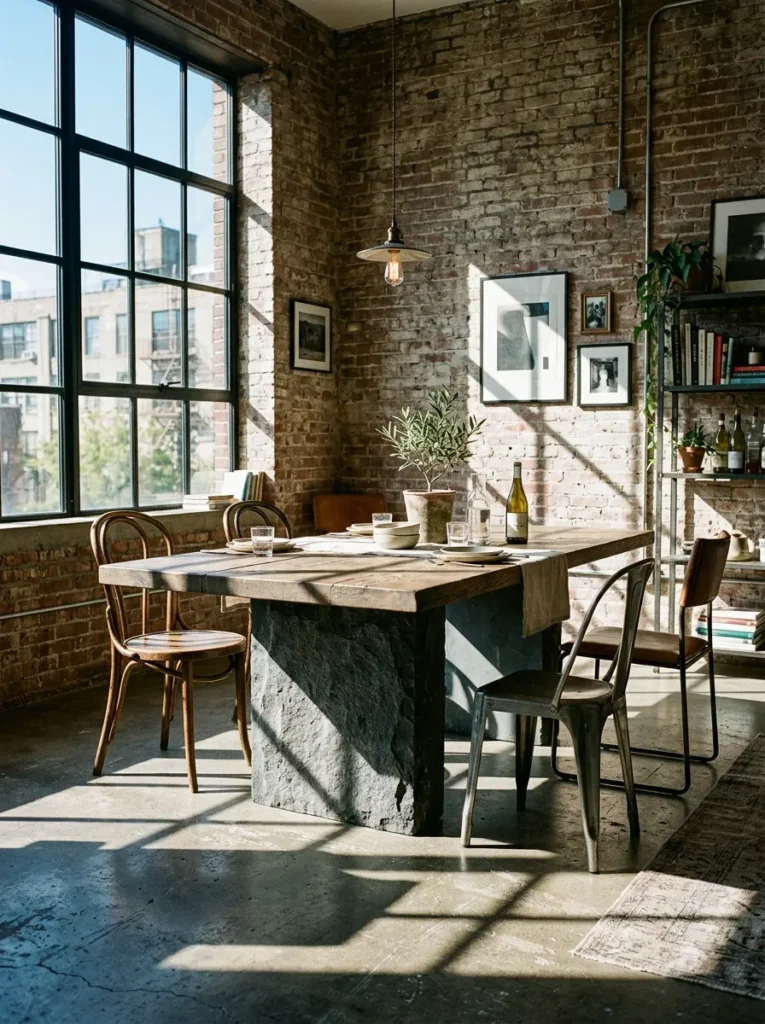 A solid stone plinth-base table with no visible legs anchors a bright industrial Brooklyn dining room.