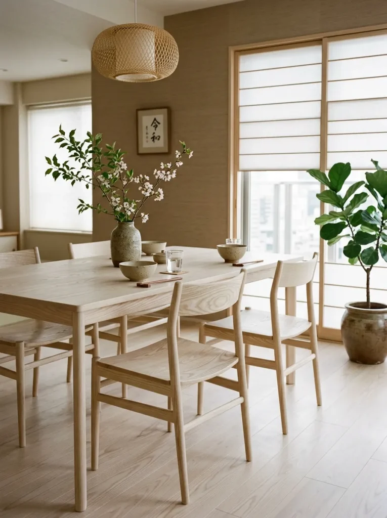 A shared pale-ash tone unites the table and chairs in a calm, uncluttered Japandi-style Tokyo dining room.