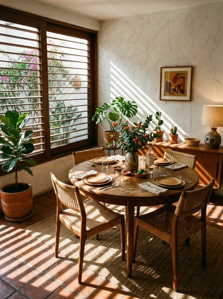 A round aged-teak dining table seats four beneath strong sun in a mid-century Mexico City dining room.