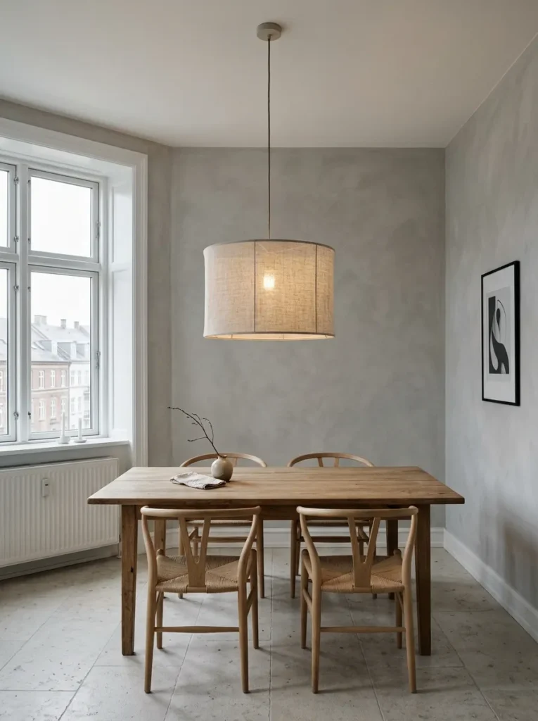 A single oversized linen pendant hangs low above a bare oak table in a calm Scandinavian dining room.