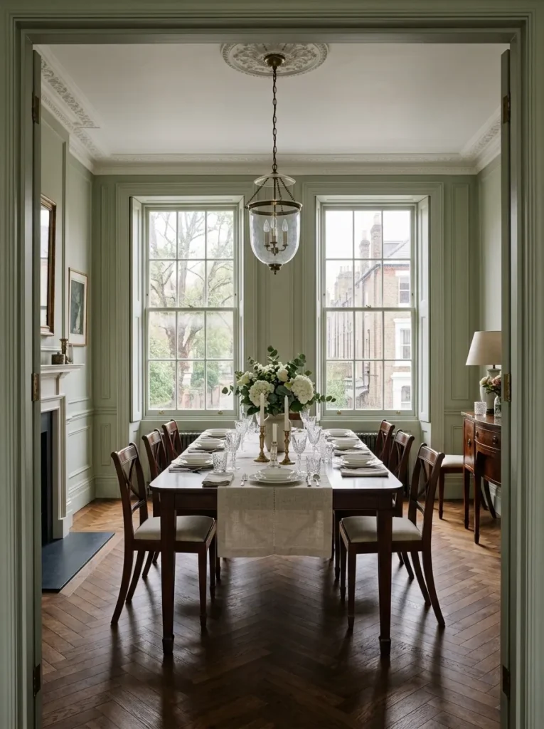 A perfectly centered table and pendant create quiet symmetry in a composed Georgian London dining room.