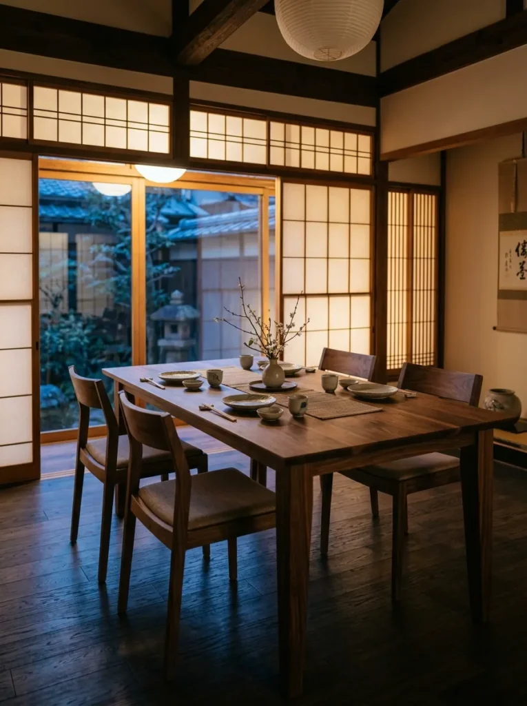 A warm ivory-to-walnut tone family unifies the table and walls in a serene Japanese-style dining room.