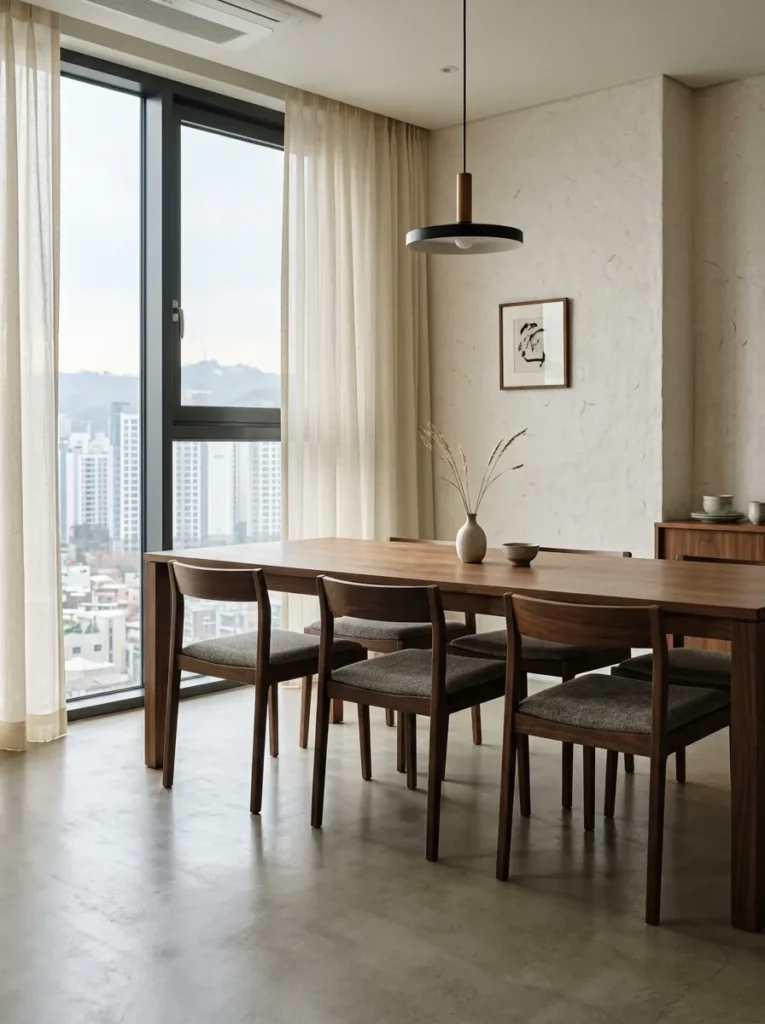 Six matching chairs sit fully tucked under a long table in a clean contemporary Seoul dining room.