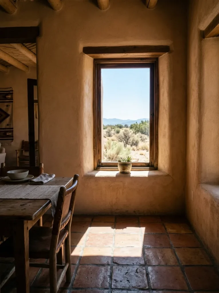 An undressed deep-set window lets desert sun pour into an adobe-style Santa Fe dining room.